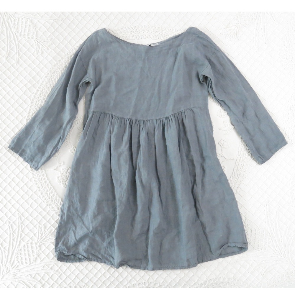 100% Lin Blanc Blue Gray Linen Babydoll Dress Long Sleeve Pockets 36 / Small